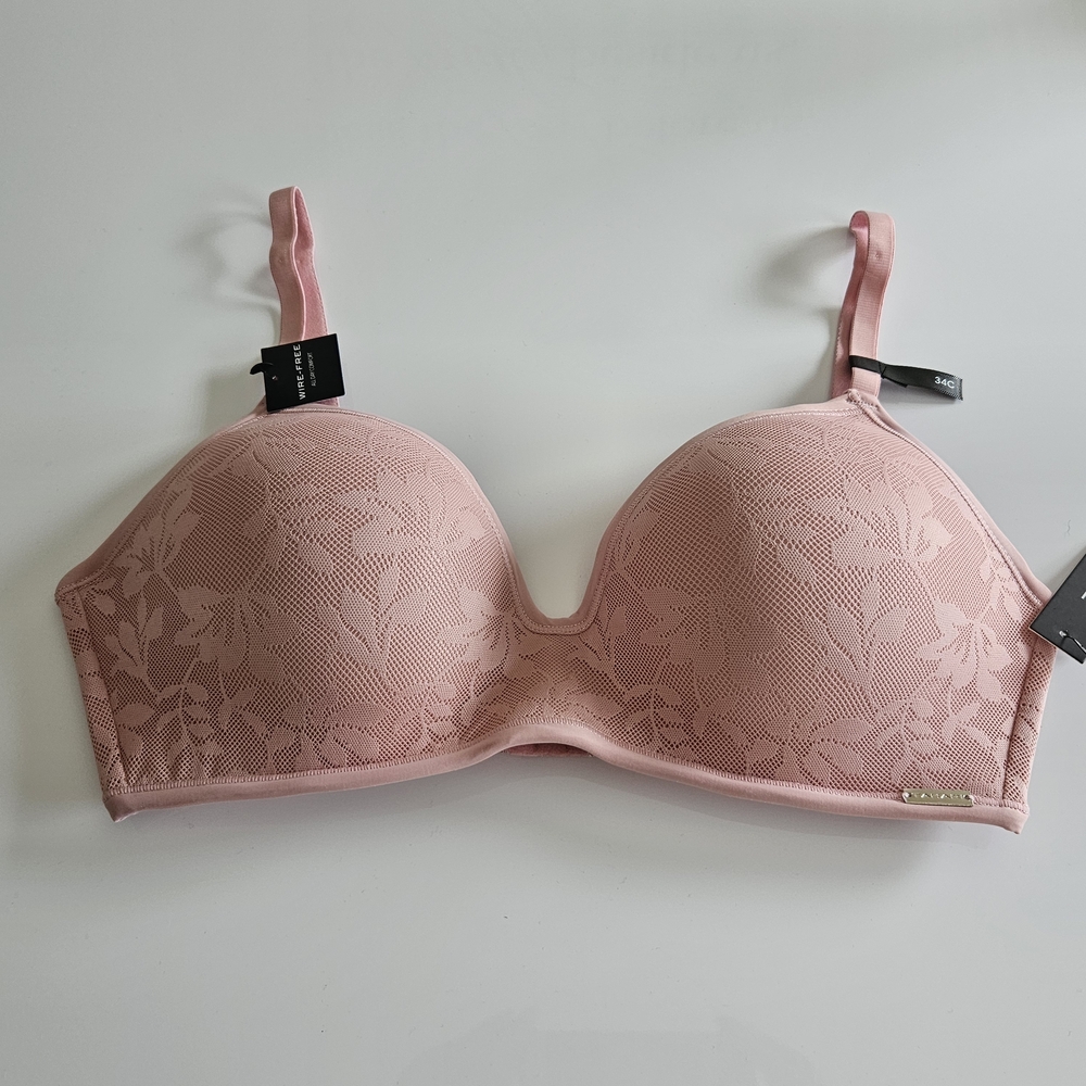 Tahari 34C T-Shirt Bra Wireless Everyday Mauve Pink Lace Overlay NWT
